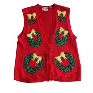 Westbound Knitted-By-Hand Christmas Wreath Beaded Red Sweater Vest Women's 1X